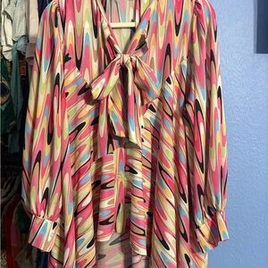 Colorful 60s Inspired Blouse with Bow Collar